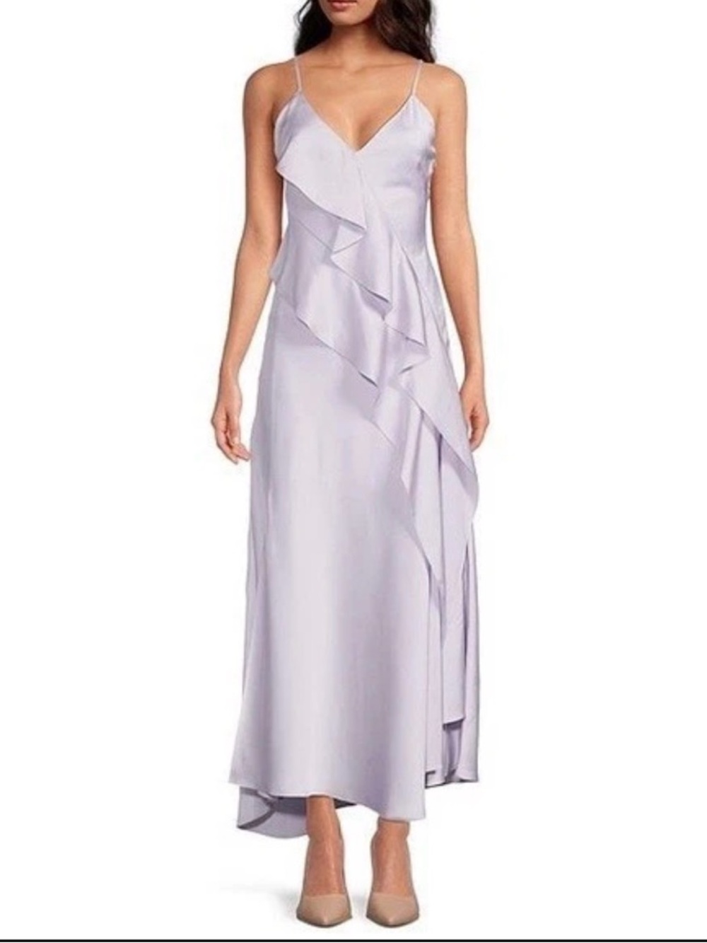 Gianni Bini: Quinn Ruffle Draped V-Neck Sleeveless Satin Dress